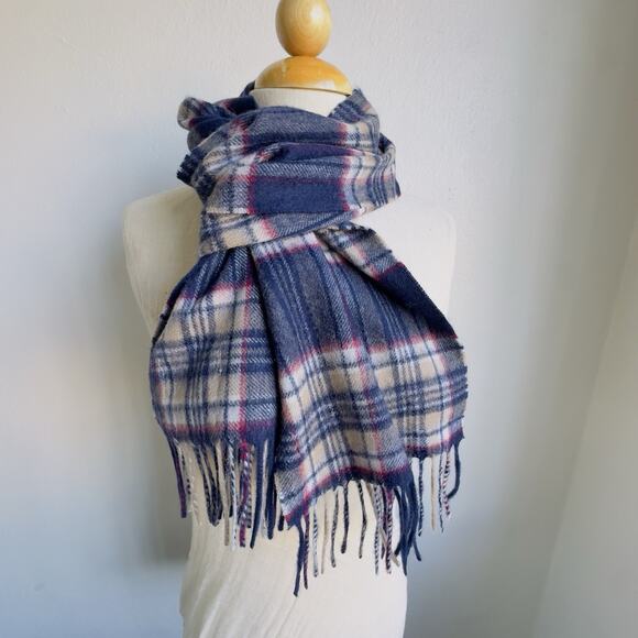 Vintage Edinburgh 100% Cashmere Plaid Scarf Navy Cream Tartan Made in Scotland - Picture 3 of 7
